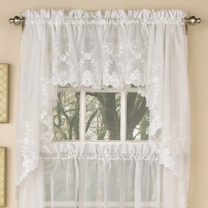Laurel Leaf Sheer Voile Embroidered Kitchen Curtain Valance