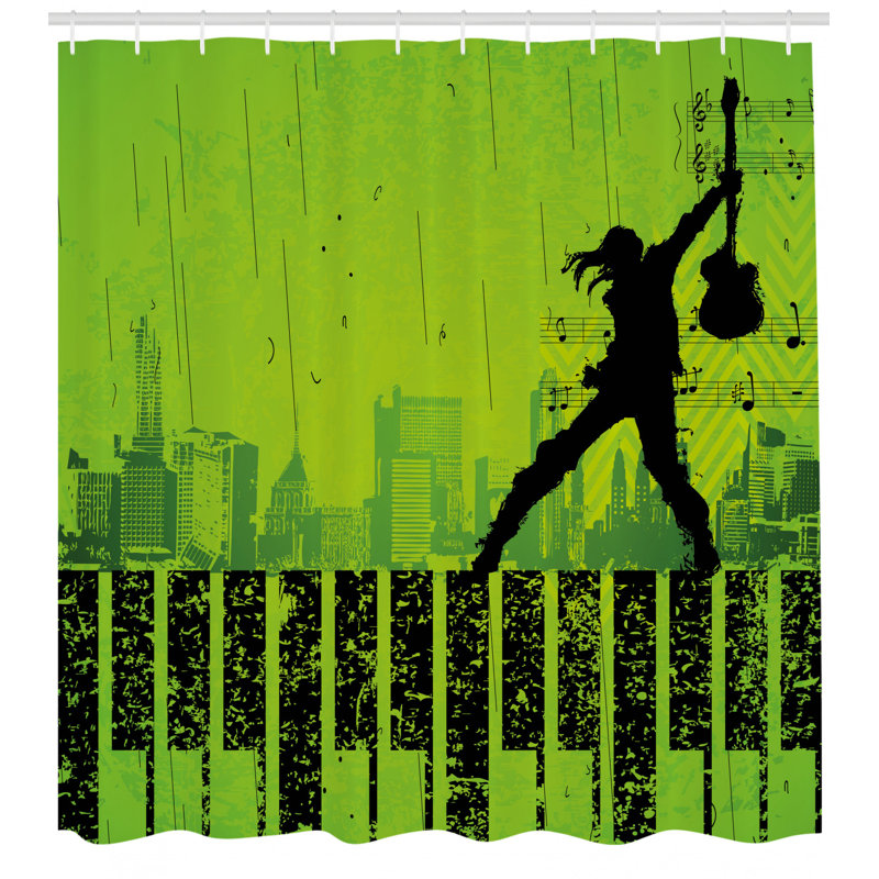 East Urban Home Ambesonne Popstar Party Shower Curtain Music In The City Theme Singer With Electric Guitar On Grunge Backdrop Cloth Fabric Bathroom Decor Set With Hooks 70 Long Lime Green Black