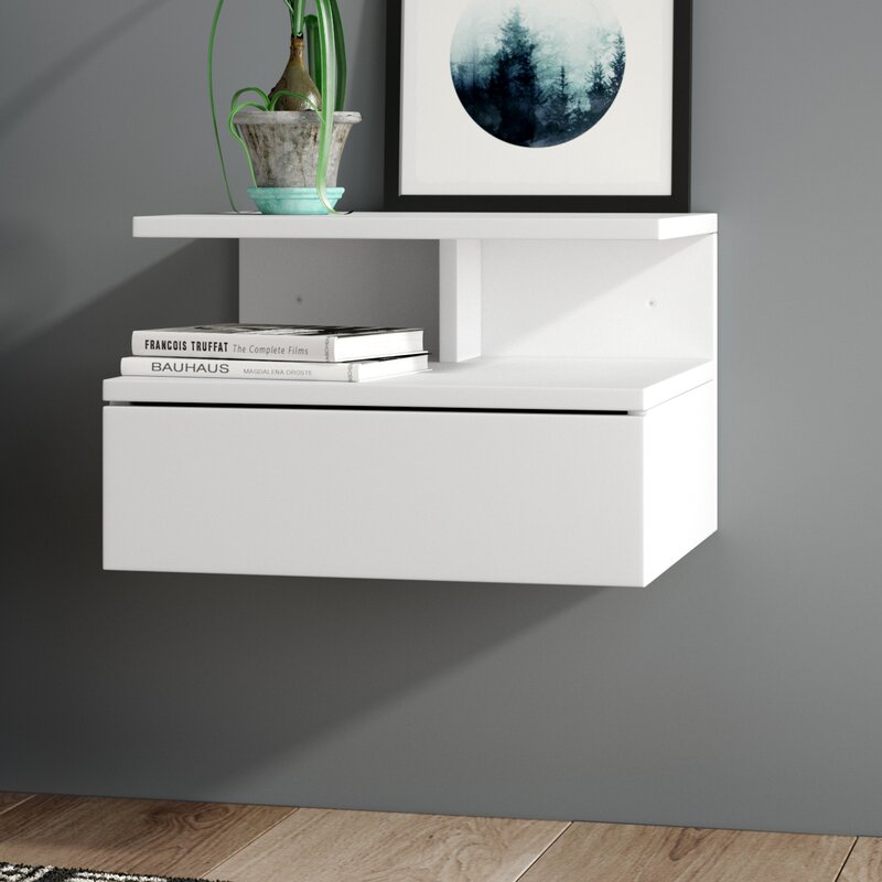White Wall Mounted Bedside Table Cabinet Nightstand With 1 Drawer