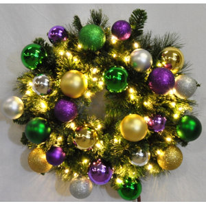 Pre-Lit Sequoia Wreath Decorated with Mardi Gras Ornament
