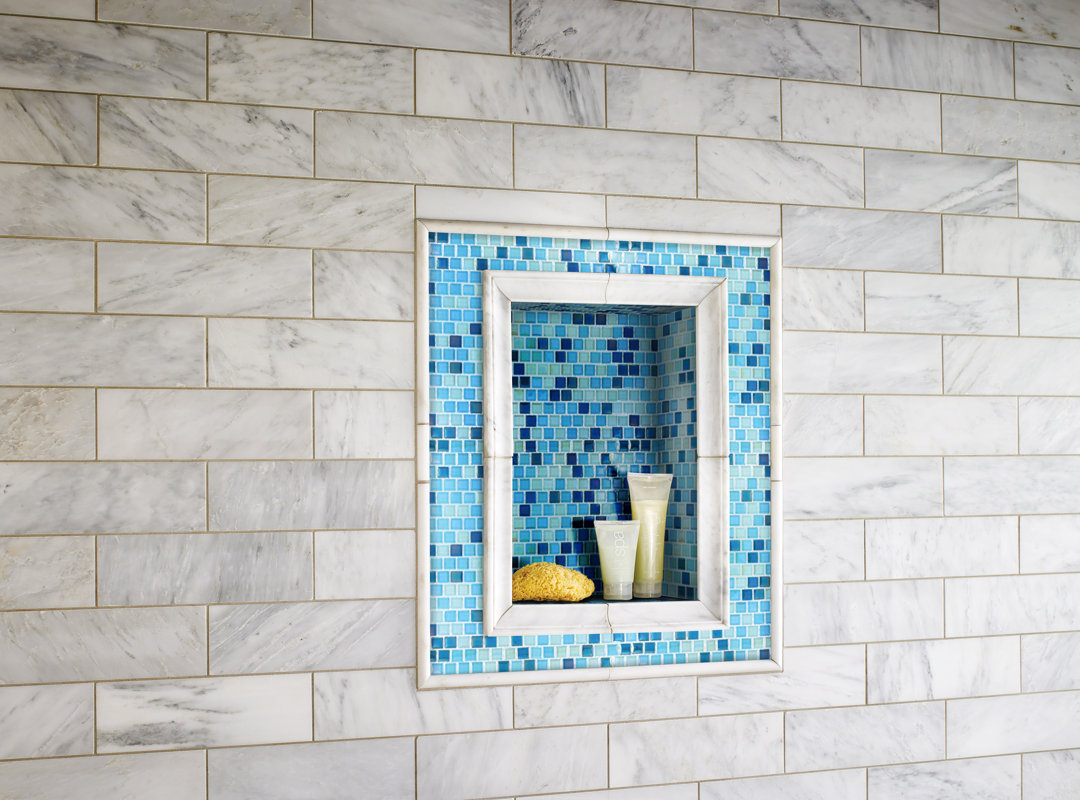 Stone shower shelf  Shower shelves, Subway tile design, Stone shower