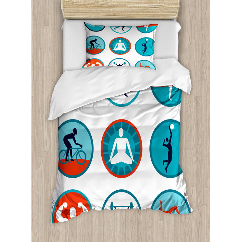 East Urban Home Graphic Circular Icons With Jogging Swimming Graphic Circular Icons With Jogging Swimming Meditation Sports Themed Signs Duvet Cover Set