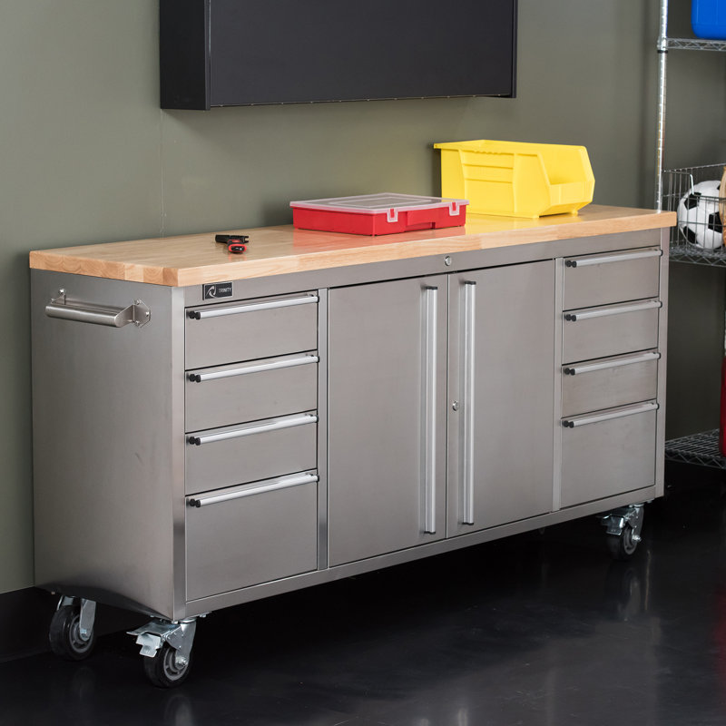 Trinity Stainless Steel Rolling Rubberwood 72" Wide 8 Drawer Bottom Rollaway Chest & Reviews
