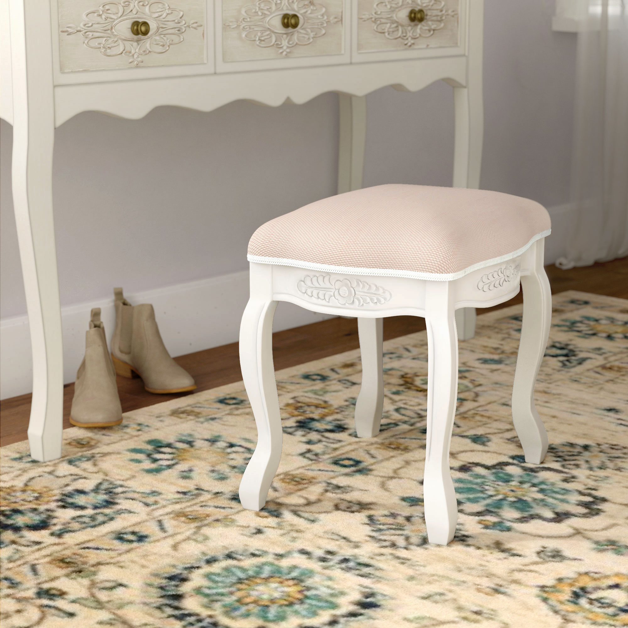 Ophelia Co Adelinna Hand Carved Antique White Vanity Stool Adelinna Hand Carved Antique White Vanity Stool Reviews Wayfair