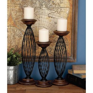 3 Piece Metal and Wood Candlestick Set