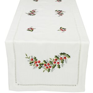 Holly Berry Embroidered Hemstitch Holiday Table Runner