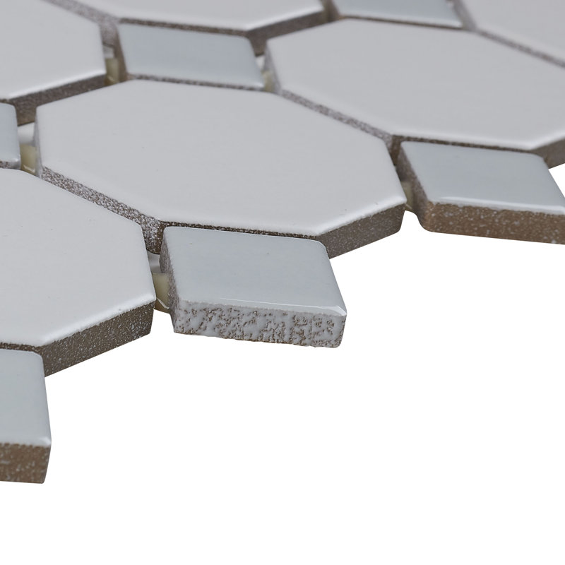 Daltile Octagon and Dot 2" x 2" Ceramic Mosaic Tile in Glazed Matte White with Gray Gloss Dot