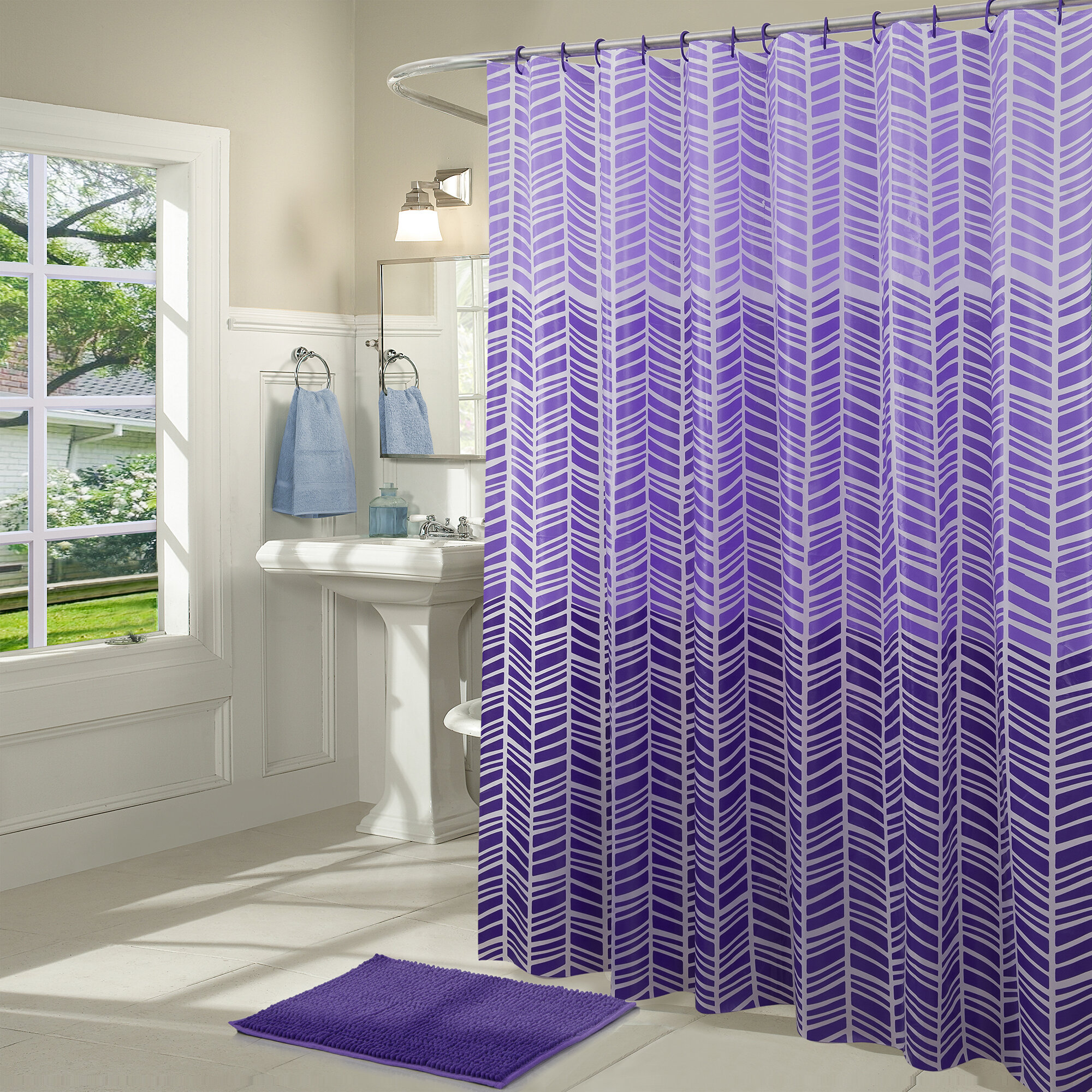 Curran Geometric Chevron Vinyl 14 Piece Shower Curtain Set Hooks