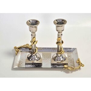 Tervy Leaf Hammered Stainless Steel 2 Candlestick with Tray