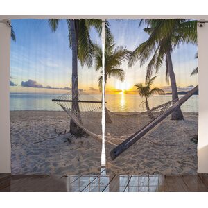 Tropical Paradise Beach with Hammock and Coconut Palm Trees Horizon Coast Vacation Scenery Graphic Print & Text Semi-Sheer Rod Pocket Curtain Panels (Set of 2)