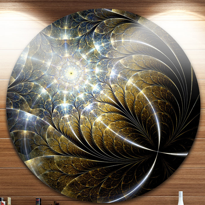 Symmetrical Dark Golden Fractal Flower Graphic Art Print On Metal