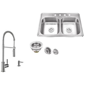 20 Gauge Stainless Steel 33″ x 22″ Double Basin Drop-In Kitchen Sink with Pull Out Faucet and Soap Dispenser