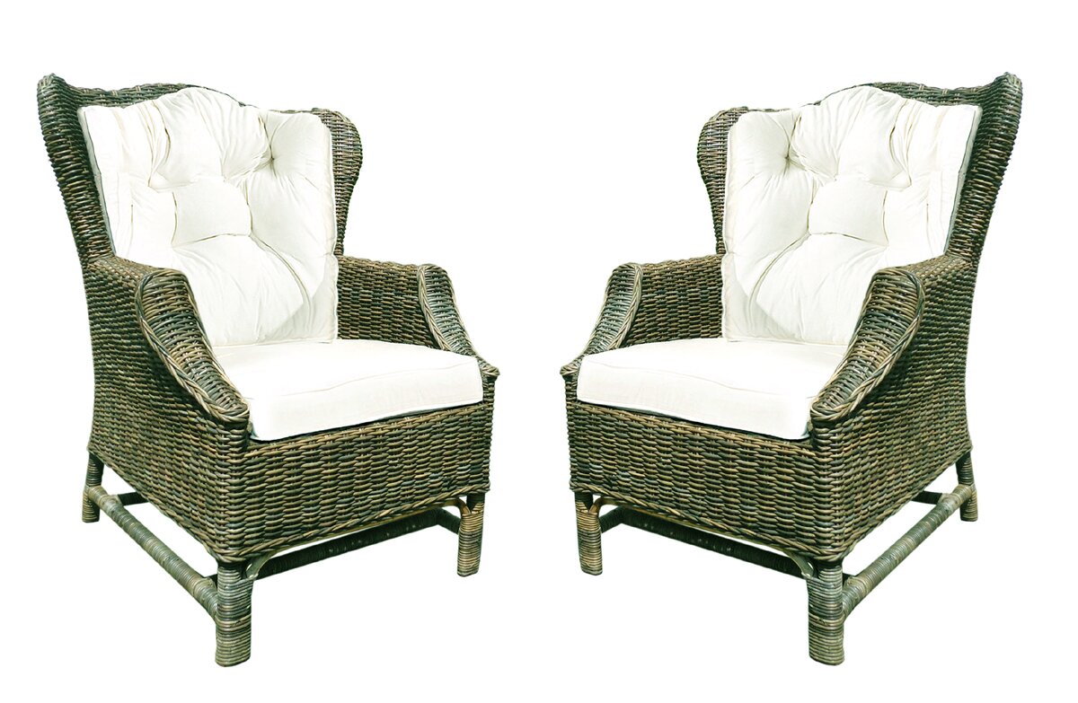 D-art Collection Rattan Wicker Wingback Chair Set With Cushions 