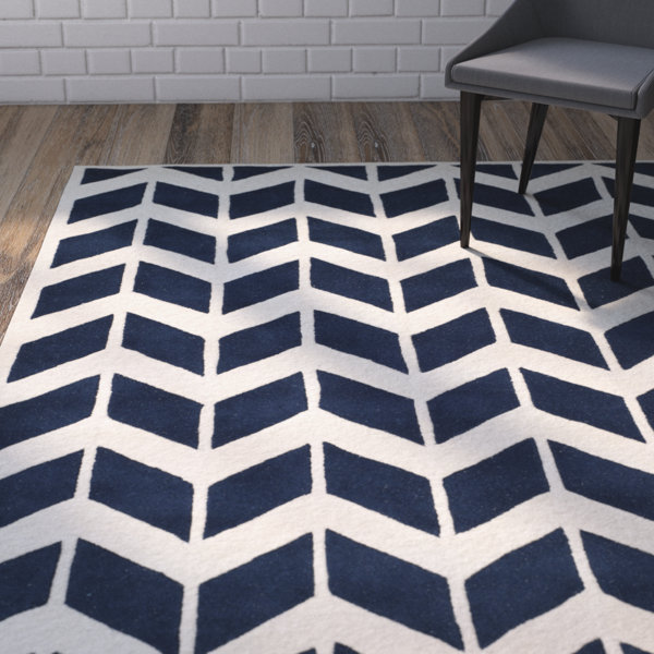 Wrought Studio Wilkin HandTufted Wool Dark Blue/Ivory Area Rug