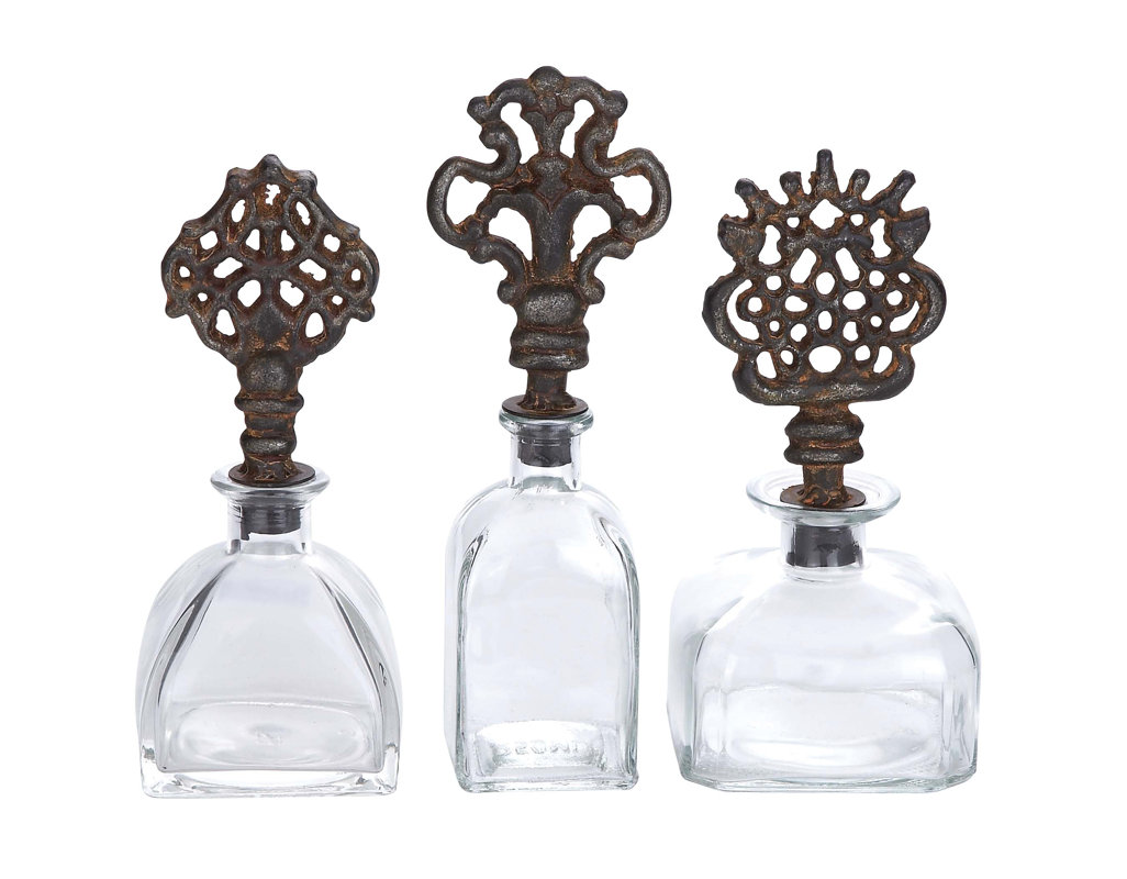 World Menagerie 3 Piece Glass Metal Stopper Decorative Bottle Set