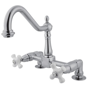 Elements of Design Heritage Deck Mount Two Handle Centerset Kitchen Faucet with Porcelain Cross Handles