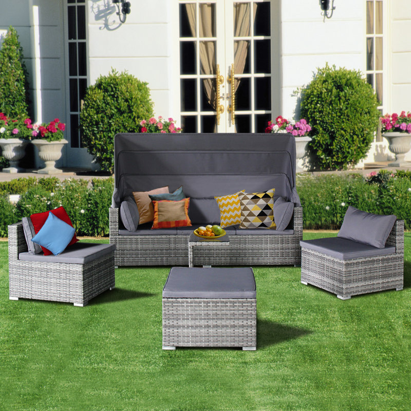 Wrought Studio Rking 5 Piece Rattan Sectional Sofa Set With Rking 5 Piece Rattan Sectional Sofa Set With Cushions