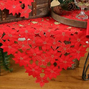 Festive Poinsettia Embroidered Cutwork Holiday Table Topper