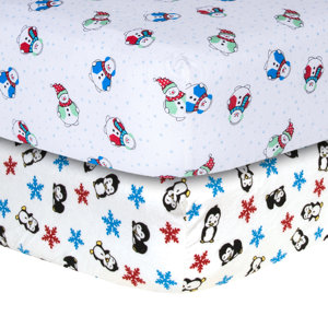 Snowman and Penguin Print Flannel Fitted Crib Sheet Set (Set of 2)