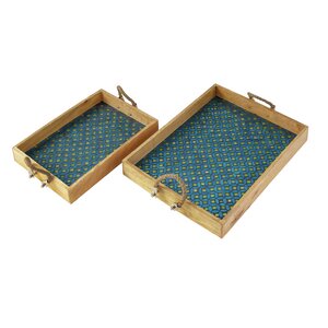 2 Piece Wood Mosaic Rope Tray Set