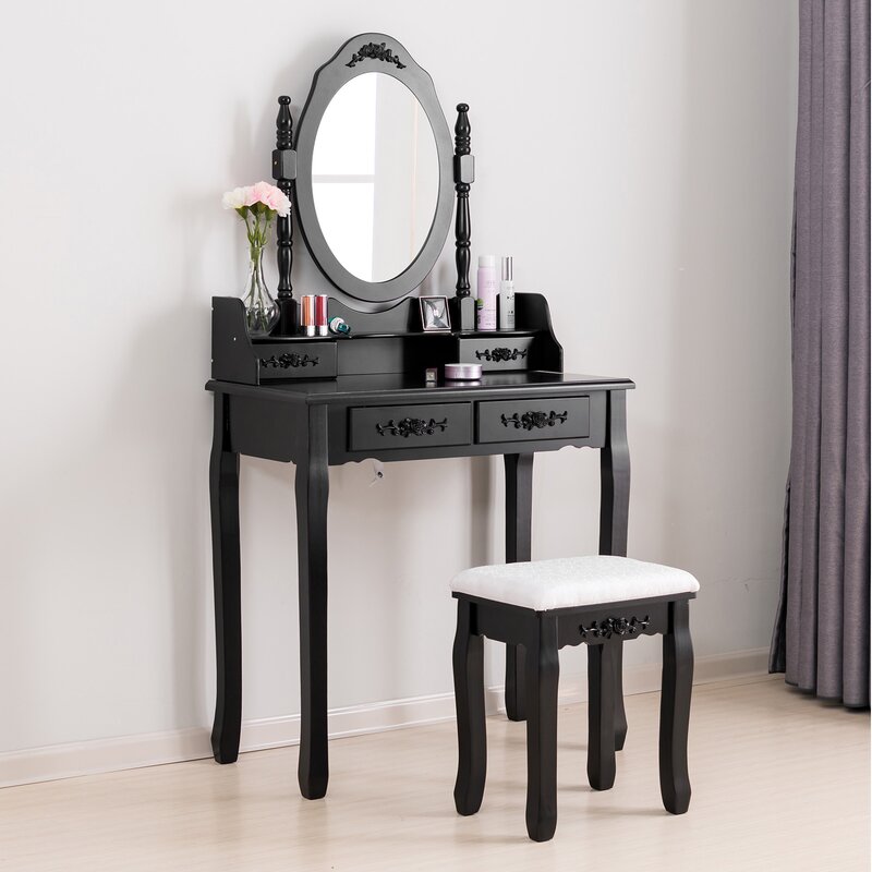 Hanlon Makeup Dressing Table With Oval Mirror Bedroom Vanity Set W Cushioned Stool 4 Drawers Women Girls Kids Whit