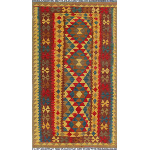 One-of-a-Kind Vallejo Kilim Sacide Hand-Woven Wool Gold Area Rug
