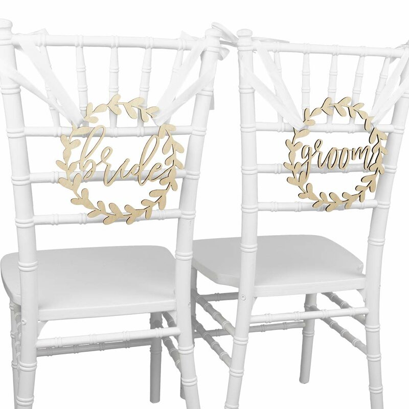 Bride Groom Chair Signs Set Of 2 Scripted Round Wreath Laser Cut Wood Chair Back Signs