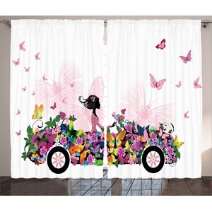 Alejandro Floral Car with Butterflies Graphic Print & Text Semi-Sheer Rod Pocket Curtain Panels (Set of 2)