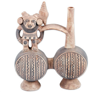 Ancient Peruvian Chancay Style Decorative Clay Whistle in Clay Sculpture