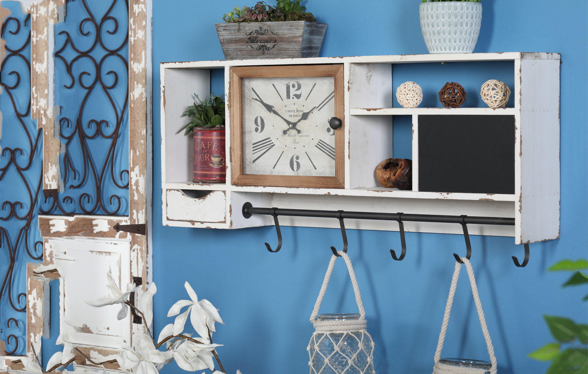 Giustino Rustic Wall Clock With Multi Purpose Shelves And Hooks Giustino Rustic Wall Clock With Multi Purpose Shelves And Hooks