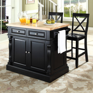 Lewistown 3 Piece Kitchen Island Set with Butcher Block Top