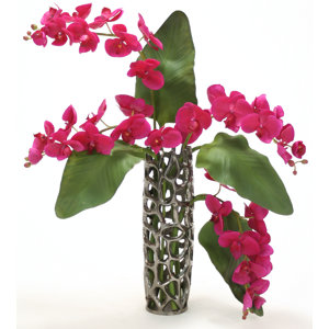 Violet Orchid and Tacca Leaf with Honeycomb in Open Weave Vase