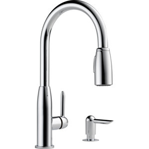 Peerless Faucets Single Handle Widespread Kitchen Faucet with Soap Dispenser