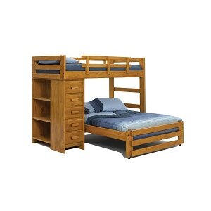 Twin Over Full Loft Bed with 5 Drawer Chest and Bookshelf End