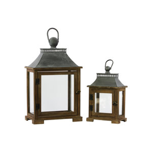 Wood Lantern with Metal Top and Ring Handle Dark Stained Wood Finish (Set of 2)