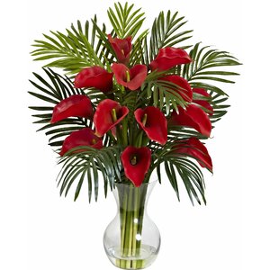 Calla Lily and Areca Palm Silk Flower Arrangement with Vase