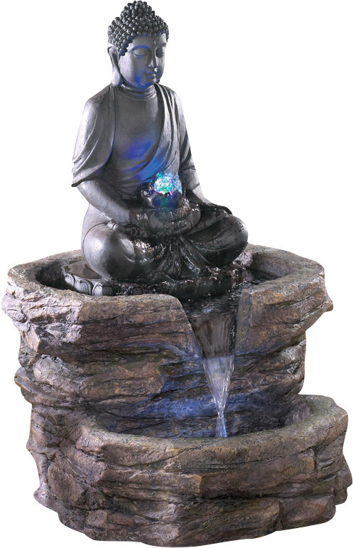 resin meditating buddha on column patio fountain with led light