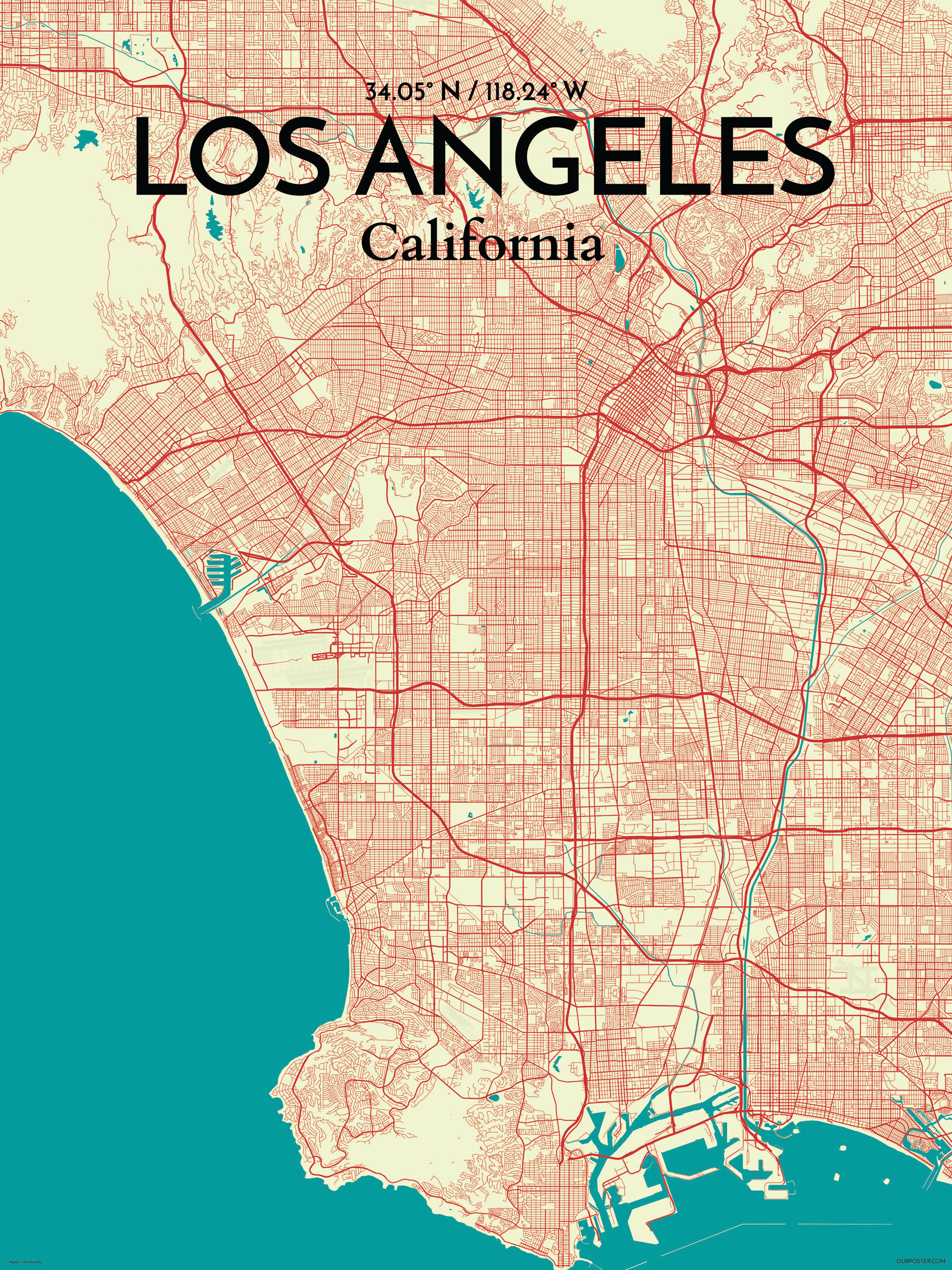 Los Angeles Town Map Image Artwork Print Poster inside Tricolor photo about Printable Maps of Los Angeles referred to as Los Angeles Town Map Image Artwork Print Poster within just Tricolor
