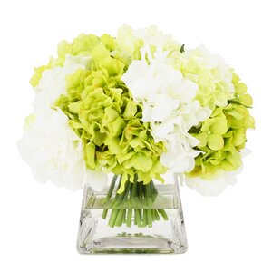 Apple Green and White Hydrangea in Pyramid Glass Pot