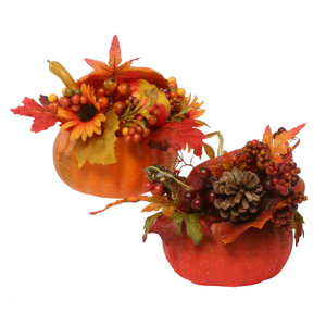 Decorative Pumpkin Arrangements with Faux Berries, Leaves, Gourds, Acorns, and Sunflowers (Set of 2)