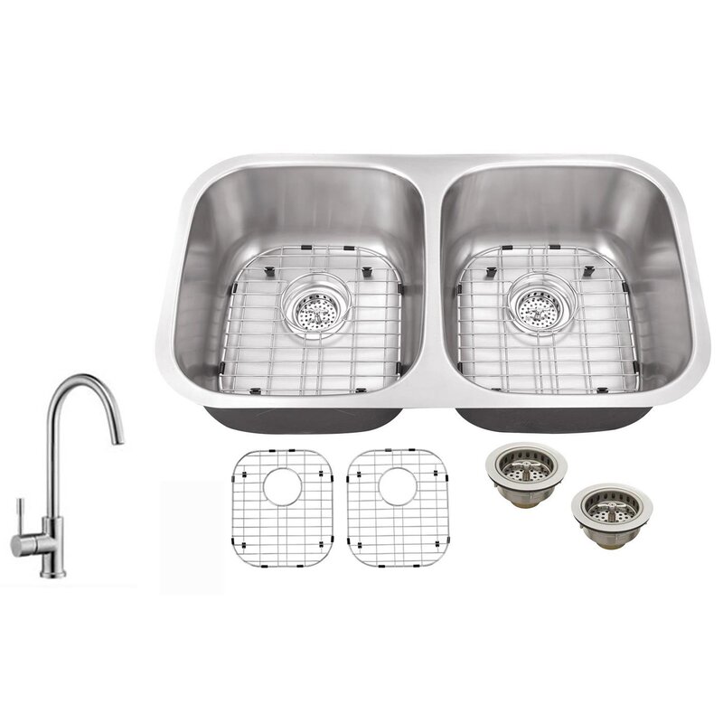 18 Gauge Stainless Steel 32 25 L X 18 5 W Double Basin Undermount Kitchen Sink With Gooseneck Faucet