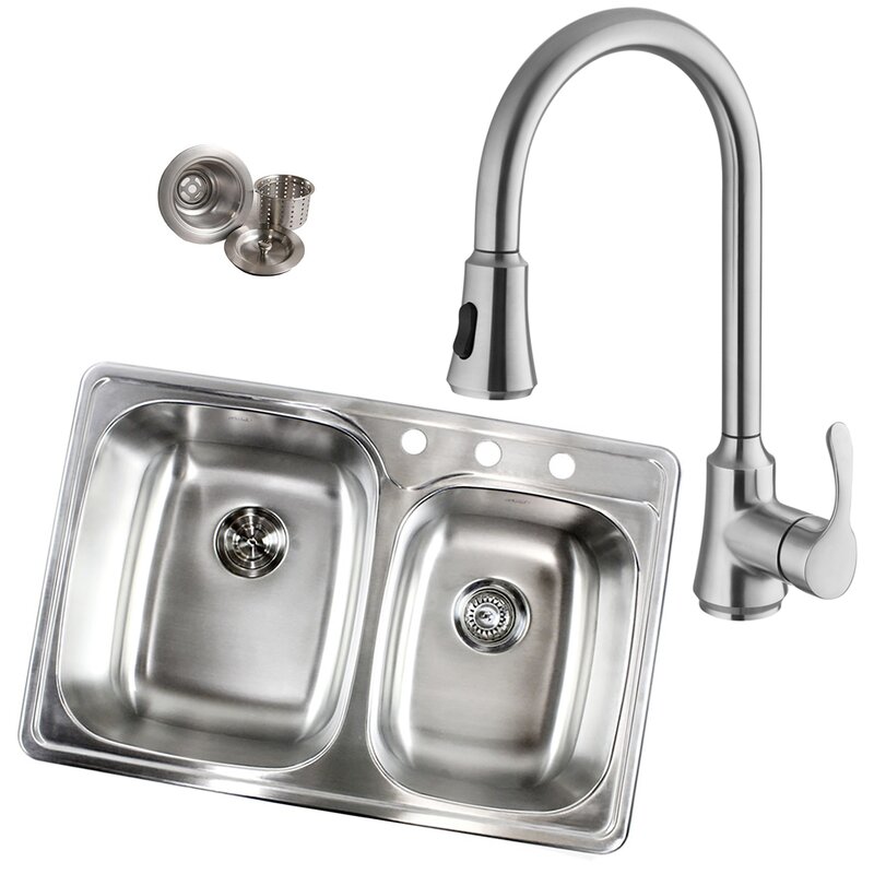 Topmount 18 Gauge Stainless Steel 33 L X 22 W Double Basin Drop In Kitchen Sink With Faucet