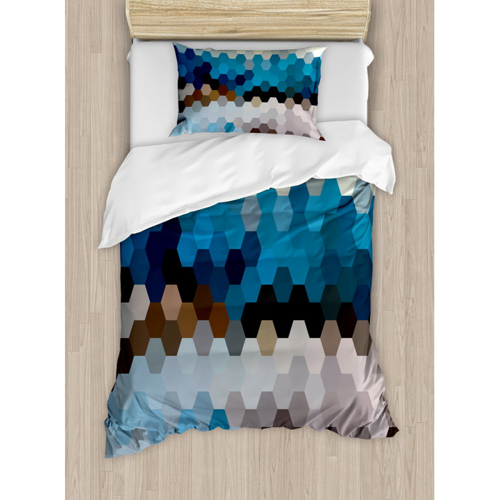 Geometric Modern Hexagonal Fractal Puzzle Stylized Defocus Blurry Artsy Winter Landscape Duvet Cover Set