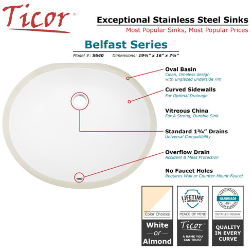 Ticor Sinks Belfast Series Ceramic Oval Undermount Bathroom Sink Belfast Series Ceramic Oval Undermount Bathroom Sink With Overflow