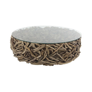 Altagore Natural Round Driftwood Twigs and Glass Coffee Table by Foundry Select