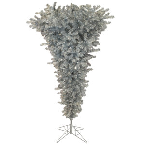 9' Silver Upside Down Christmas Tree with 1000 Warm White LED Lights and Stand