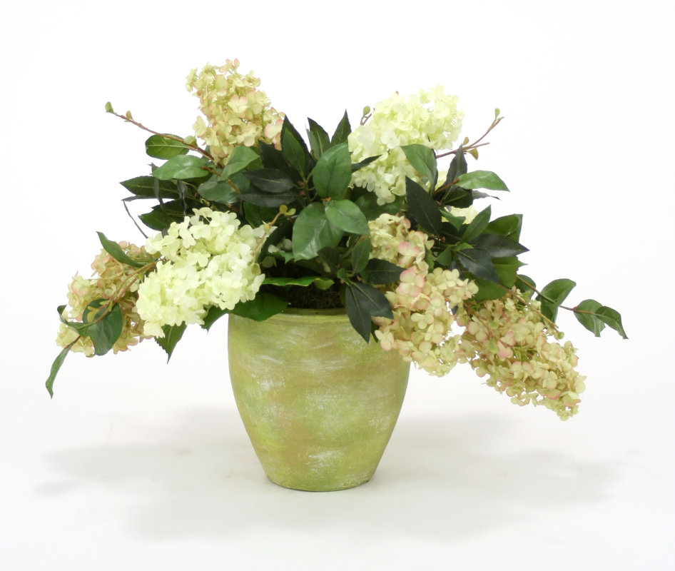 Distinctive Designs Silk Rose Hydrangeas with Foliage in Weathered Pot