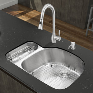 VIGO 32 inch Undermount 80/20 Double Bowl 18 Gauge Stainless Steel Kitchen Sink with Aylesbury Stainless Steel Faucet, Gri...