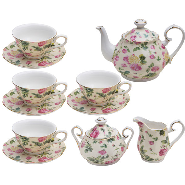 Coastline Imports 11 Piece Porcelain Rose Chintz Pink Rose Bouquet Tea