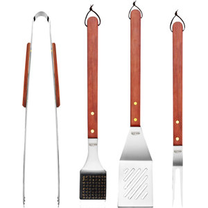4 Piece Solid Hard Wood Handle Barbecue Tool Set